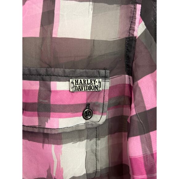 Harley Davidson womens small plaid sheer button down top blouse shirt - Picture 3 of 3